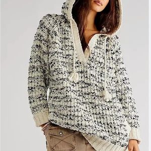 New Free People Never Leaving XS Black Marled Chunky Slouchy Hoodie Pullover